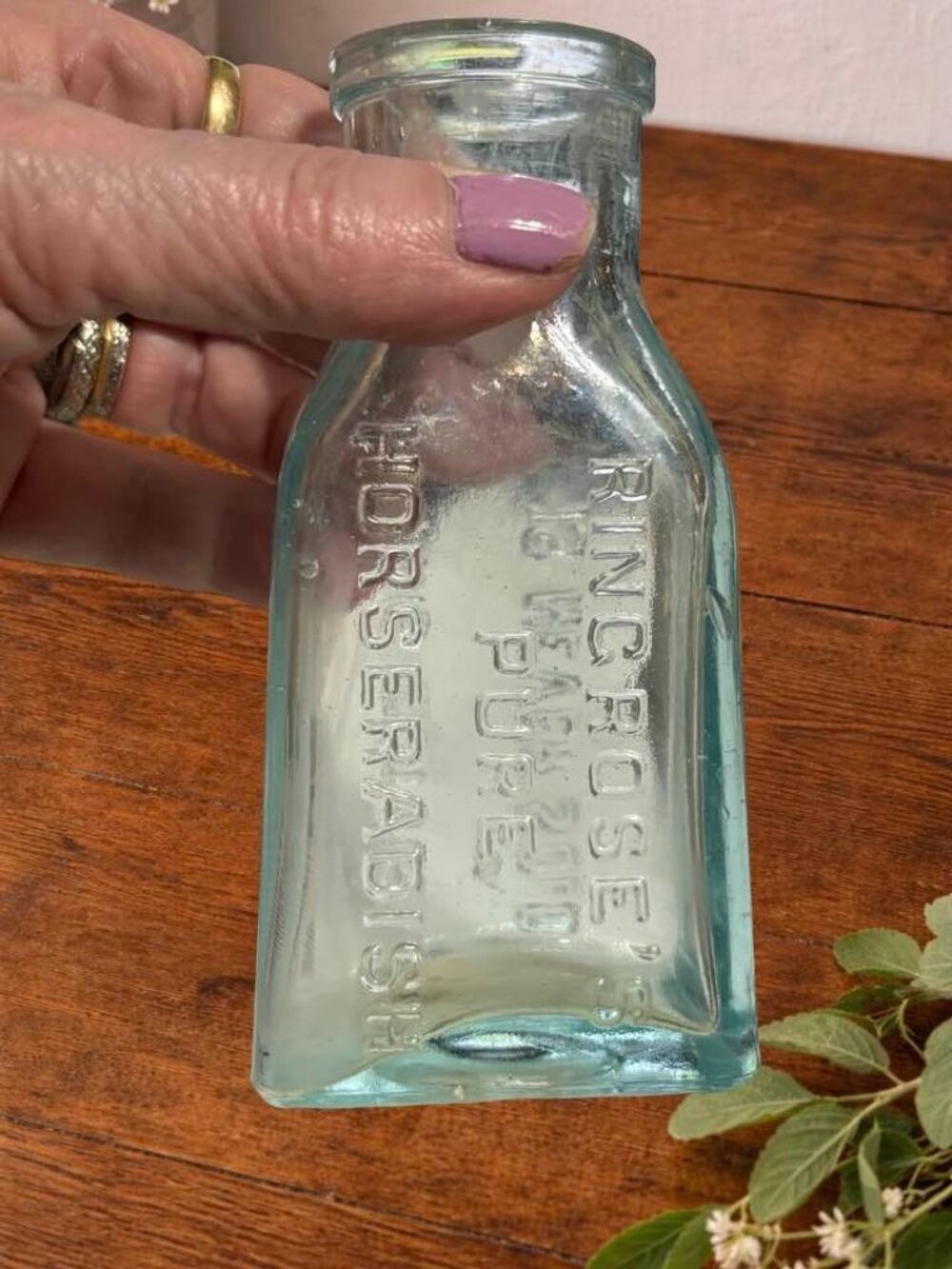 Antique Horseradish Bottle Ring Rose 4.75" Green Glass - Picture 4 of 5